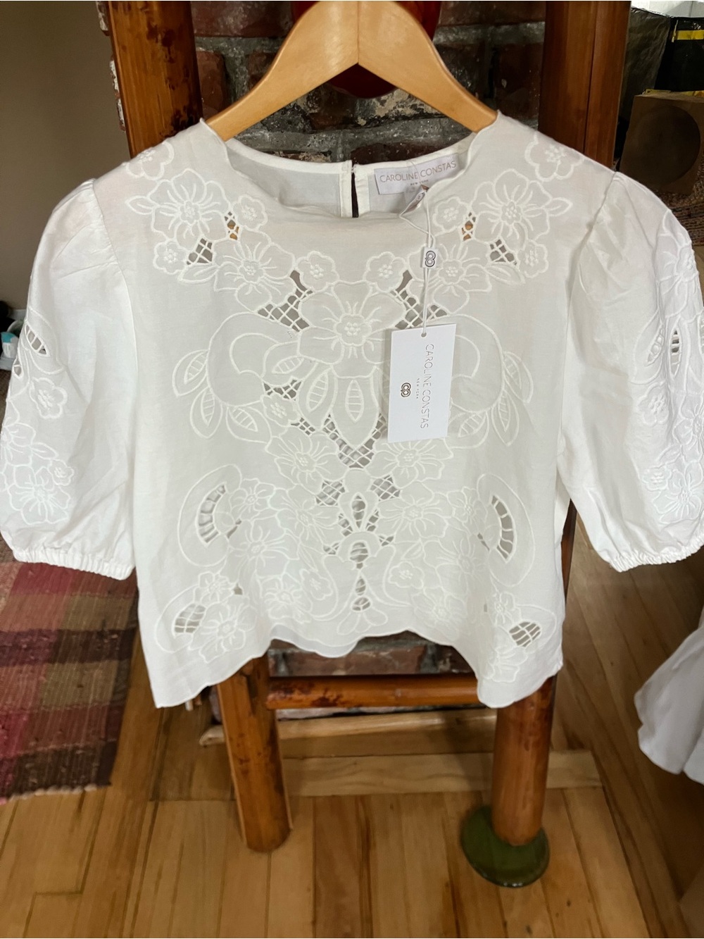 Caroline Constas White Eyelet Cutwork Puff-Sleeve Blouse